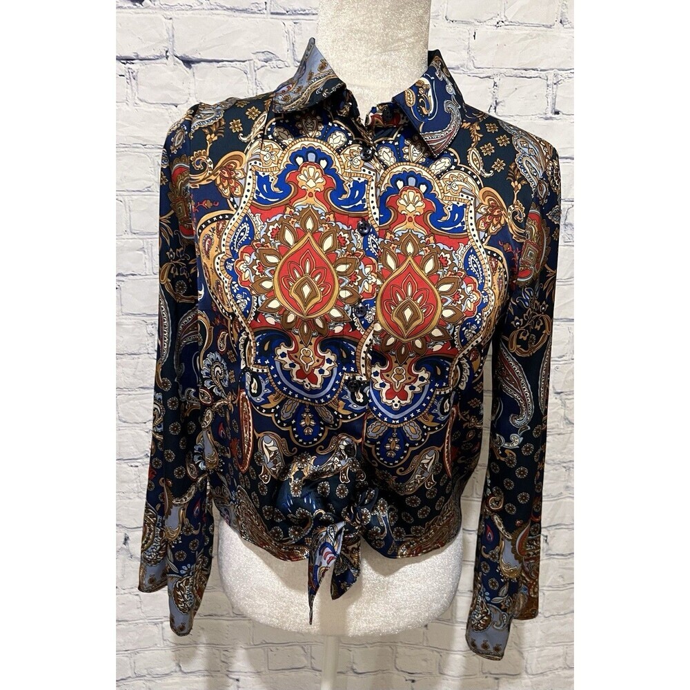 Rachel Zoe Women's Paisley Tie in Front Satin Blouse Bell Sleeve Indie 70s XS